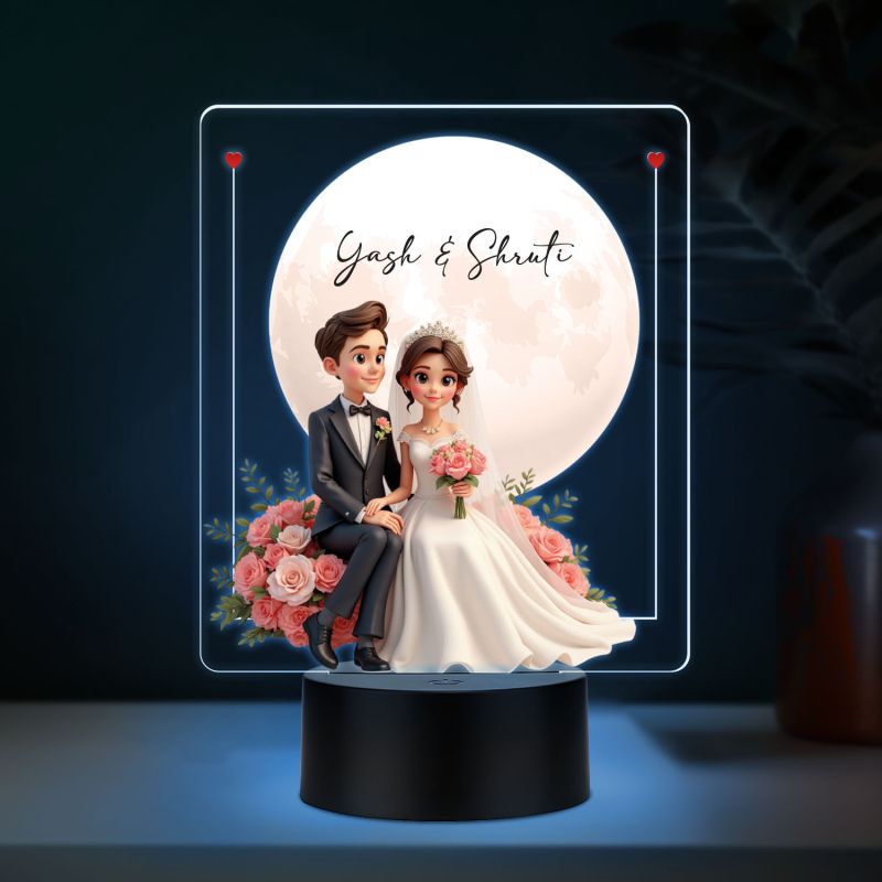 Personalized Wedding Couple LED Night Light with Moon and Roses, Color Changing Acrylic Lamp with Black Base Wedding Gift for Friends Customized Gifts for Couple